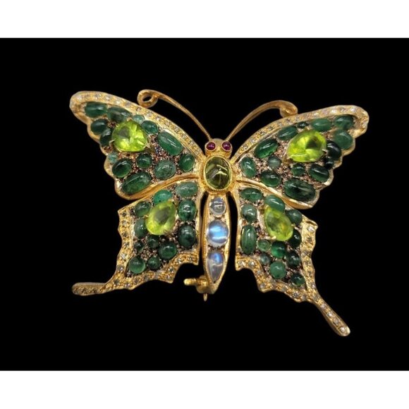 Diamond Emerald Peridot Gilded Brooch Pendant 585 Bail 24k Gold Plated Sterling - Picture 1 of 16